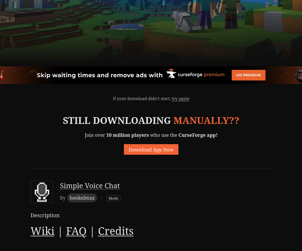 Download page for specific version of Simple Voice Chat mod on Curseforge
