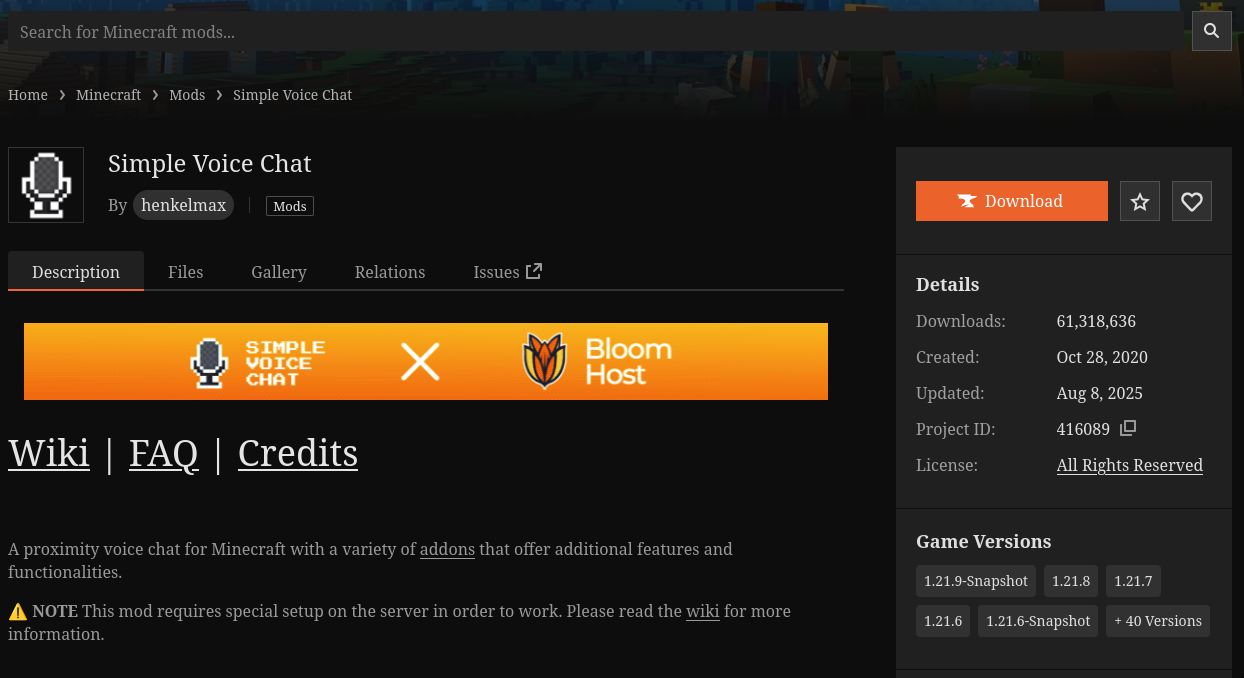 Curseforge page of Mod Simple Voice Chat Mod