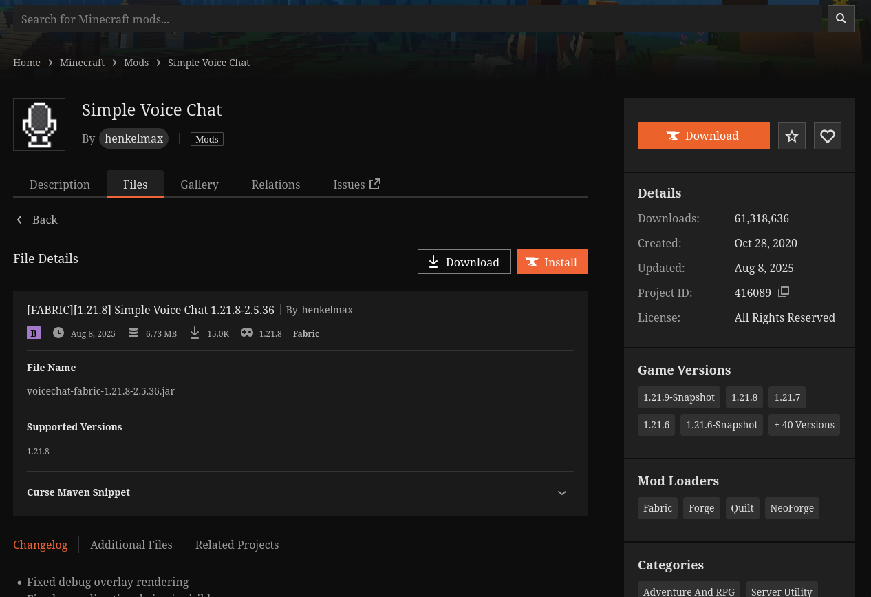 Page of a specific version of the Simple Voice Chat Mod hosted on Curseforge
