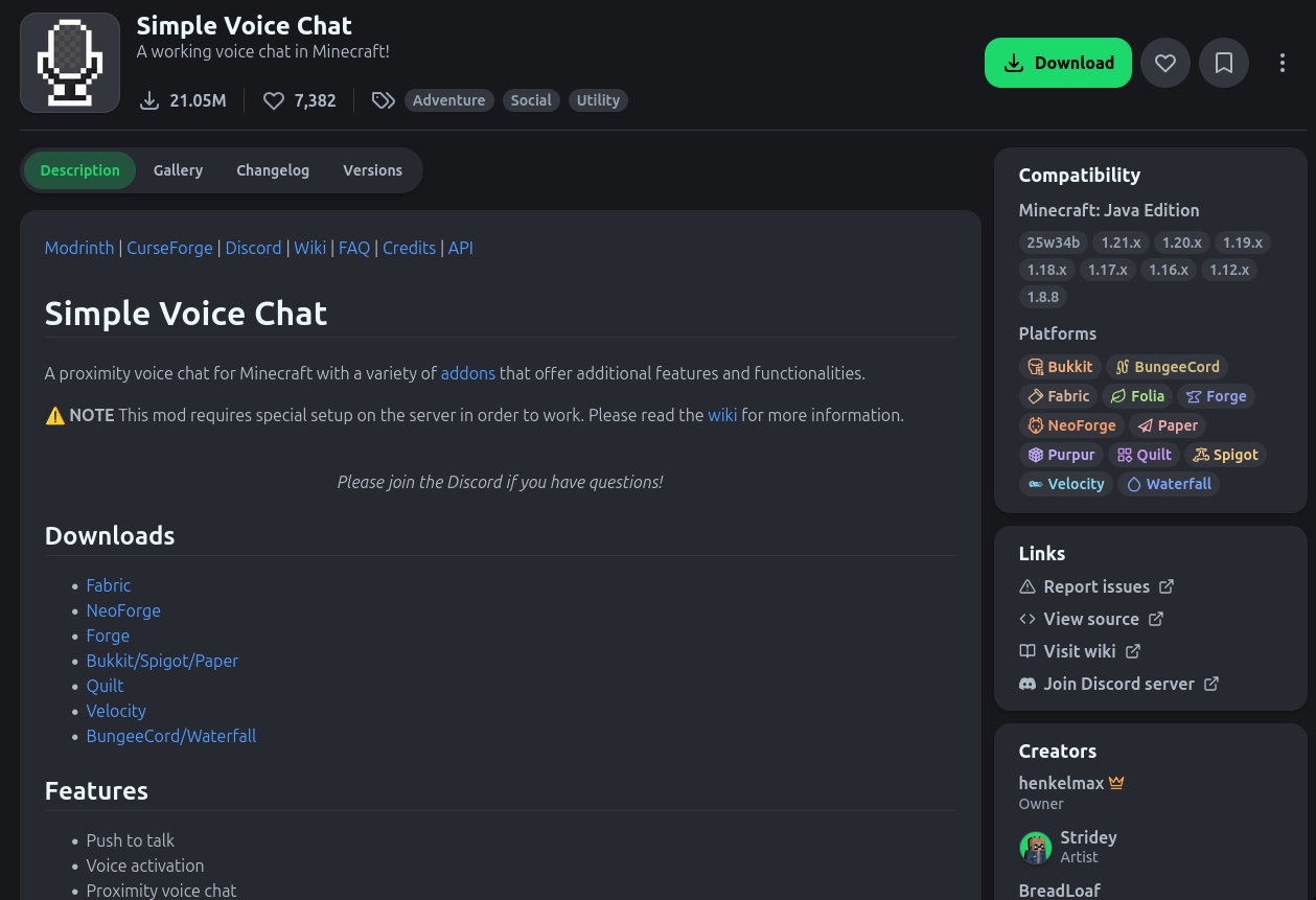 Modrinth mod page of Simple Voice Chat mod