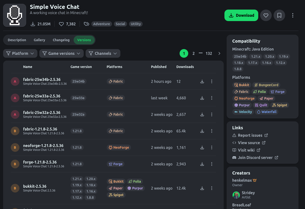 Modrinth versions list of Simple Voice Chat mod